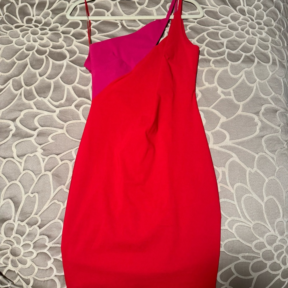 Red & Pink One Shoulder Dress